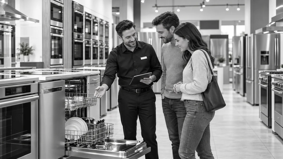 Salesperson showing customers a dishwasher