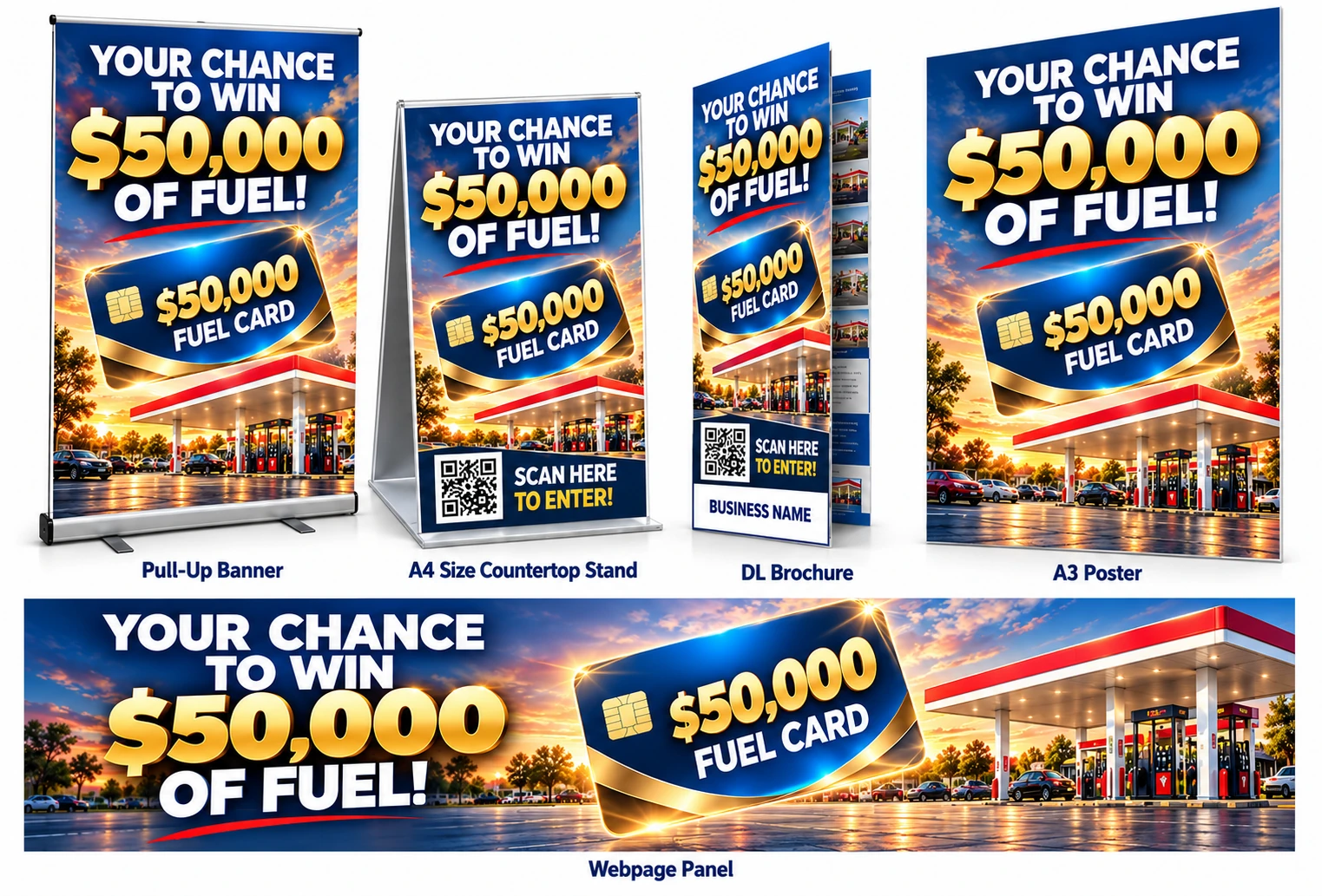 Fuel promotion marketing materials: pull-up banner, A4 countertop stand, DL brochure, A3 poster and webpage panel